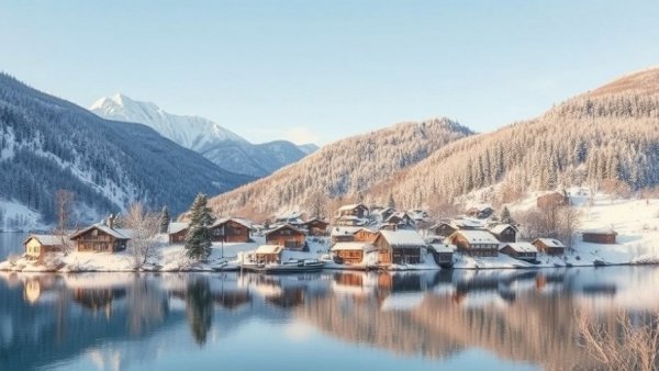 Snowy village by a lake in winter with forested hills.