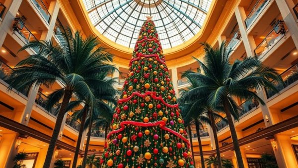 Festive Christmas tree in hotel atrium, spending holidays in a hotel.