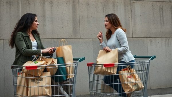 Two women converse casually with grocery carts, Martin Parr style photo.