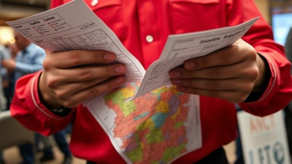 Close view of hands holding Texas district maps at political event.