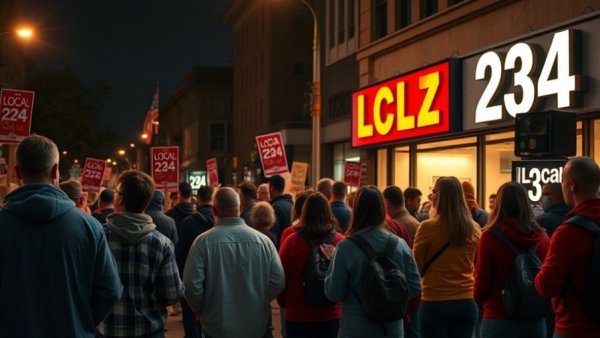 SEPTA union members at Local 234 with strike signs, night scene.