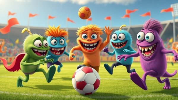 Monsters Funday Football cartoon with cheerful monsters.