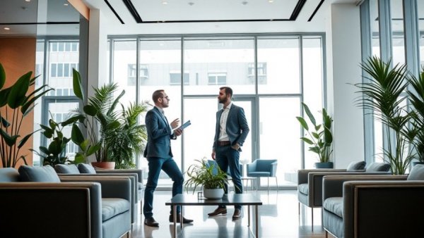 Elegant interior event setup at House of Robb with two men conversing.