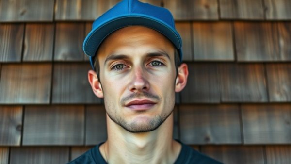 Casual portrait of a person with a blue cap against wooden wall.