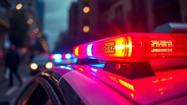 Police car lights flashing in urban street at dusk.