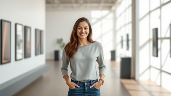 Confident woman standing in modern gallery at UC Irvine Langson Orange County Museum of Art.