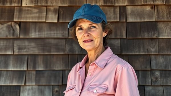 Portrait of a middle-aged woman in a rustic setting, symbolizing American democracy threats.