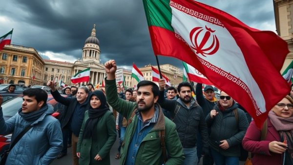 Protest with Iranian flag in Canada under stormy sky, urban backdrop.