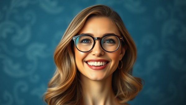 Elegant woman in glasses smiling against a blue backdrop.