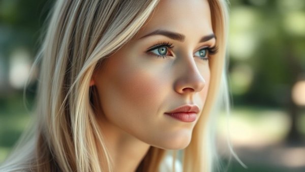 Thoughtful woman in bright daylight with blurred greenery.