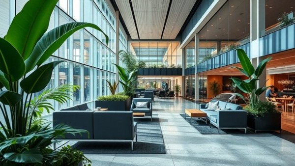 Modern airport lounge with stylish seating and greenery