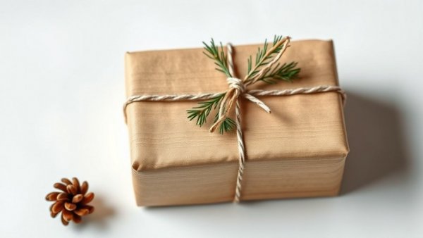 Minimalist eco-friendly gift with brown paper and pine sprig, promoting low-waste holiday gift ideas in Philadelphia.