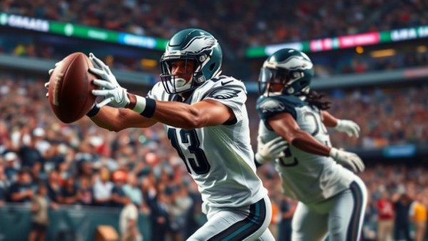 Philadelphia Eagles player reaching for ball amid playoff hopes, intense game action.