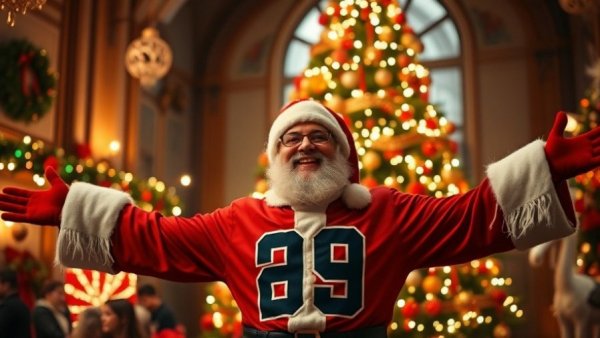 Santa and fan in Carter Hart jersey near Christmas tree, festive setting.