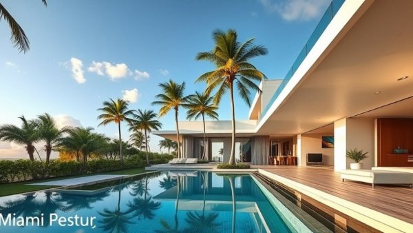 Modern Miami Beach luxury home with pool and palm trees