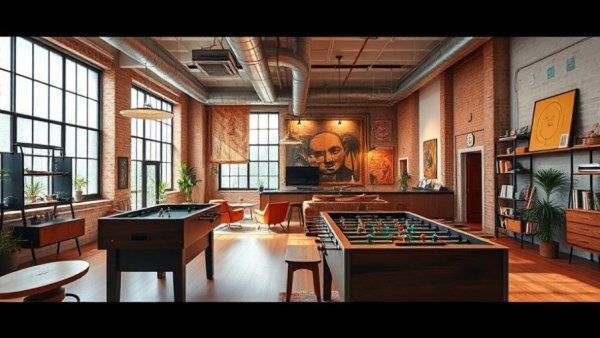 Modern loft with eclectic decor and foosball table in Berlin Airbnb.