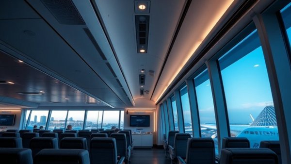 View of United Airlines plane from airport lounge, book flights.