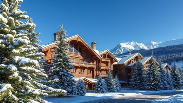 Scenic Courchevel hotel amid snow-covered trees and mountains.