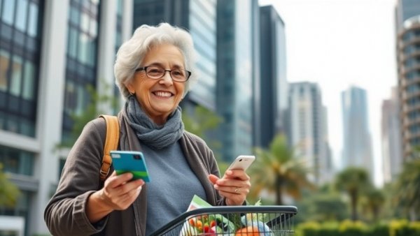 Elderly woman holding credit card, Chase Freedom Unlimited, smiling outdoors with groceries.
