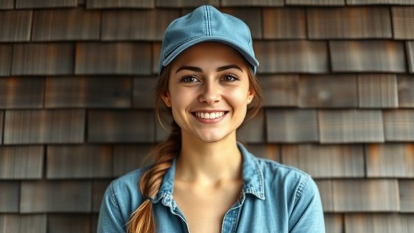 Casual woman with blue cap in front of wooden wall.