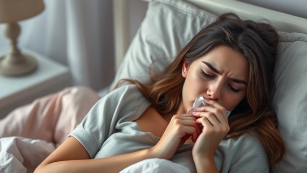 Woman suffering from illness in bed during adenovirus sore throat outbreak.