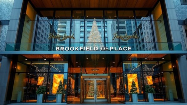 Brookfield Place entrance with festive holiday decor reflecting the city.