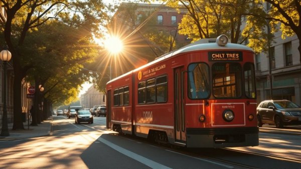 Sun-dappled Philadelphia transit hub streetcar in late afternoon