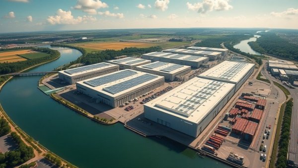 Aerial view of DrinkPAK investment in Bellwether District featuring solar panels and port.