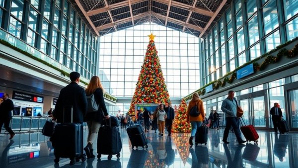 Airport terminal with Christmas tree during holiday travel season.