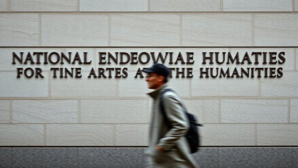 Person walks by NEA and Humanities building, Trump Reappoints Mary Anne Carter NEA Chair.