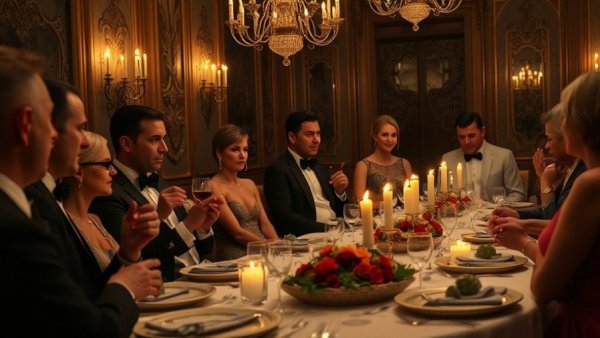 Elegant dinner party scene, guests enjoying a candlelit meal.