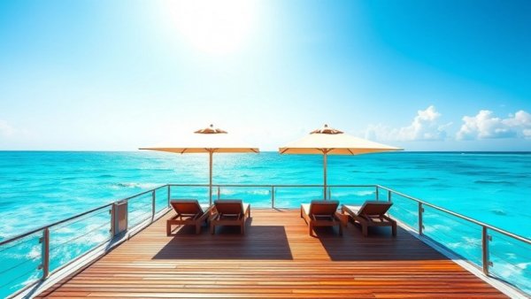 Luxurious island resort in Mexico with sunlit dock and ocean views.