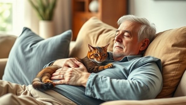 Relaxed older man with cat in living room, warm cozy atmosphere.