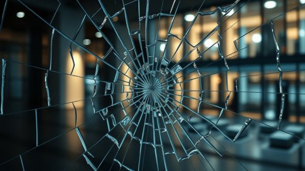Shattered glass at Philadelphia's Federal Courthouse, vandalism.