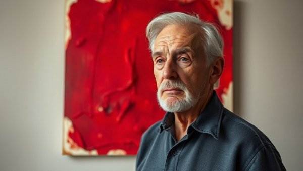 Elderly man in front of abstract art, ‘Arnulf Rainer Overpaintings’