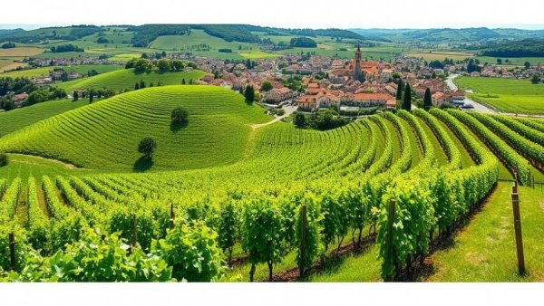 Vineyard landscape with village and rolling hills background