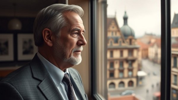 Older man pondering storytelling ethics by a window with city view.