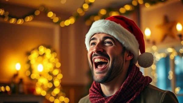 Festive man in Santa hat radiating holiday cheer.