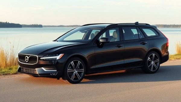 Sleek black Volvo station wagon by a lake, symbolizing the end in the U.S.
