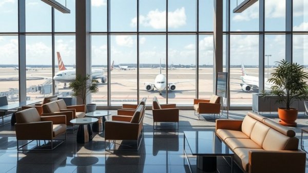 Modern lounge at Denver airport expansion, overlooking runways