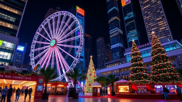 Philadelphia night scene with Ferris wheel and Christmas lights.