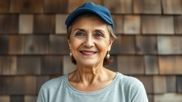 Middle-aged woman in blue cap against wooden wall, calm demeanor