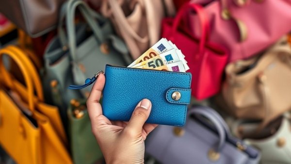 Close-up of hands holding a blue wallet with euro bills in a market, highlighting shopping protections.