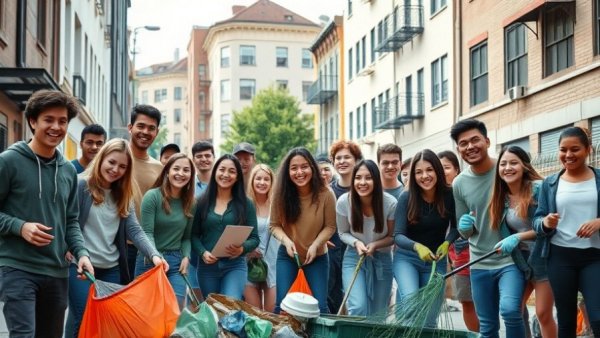 Community garden volunteers combating littering in an urban area.