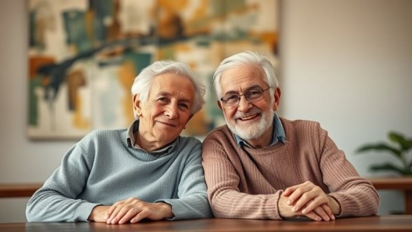 Older couple sitting together, content and relaxed, illustrating interfaith marriage.