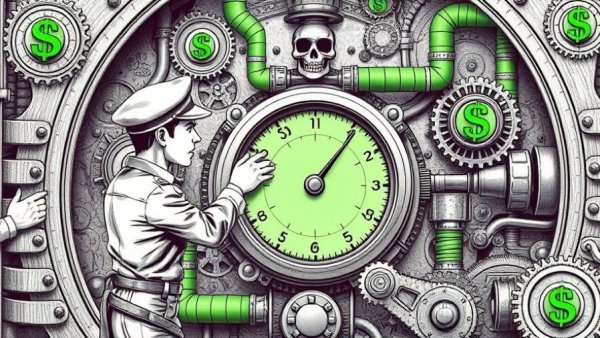 Artistic depiction of economic growth with machinery and symbols.