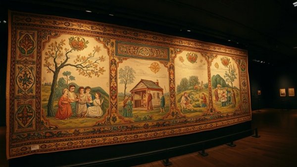 Bayeux Tapestry exhibit depicting historical scenes under dim lighting.