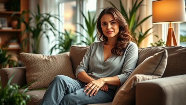 Confident woman relaxing on a couch, ignite pleasure in your body daily.