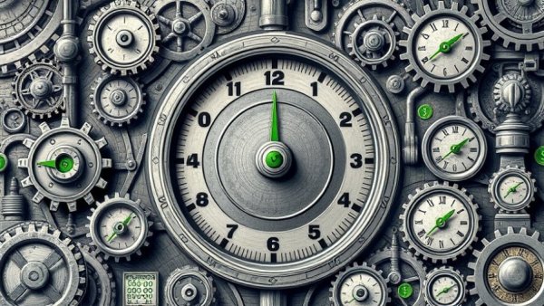 Vintage economic illustration with machinery and green accents; Jay Leno at Audrain Newport Concours.