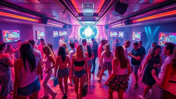Virgin Voyages cruise party with vibrant 1980s theme.